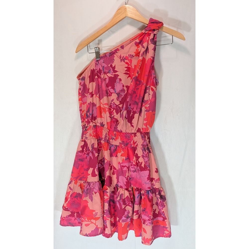 Entro Womens Pink Orange Floral One Shoulder Smocked Tiered Mini Dress Size M
